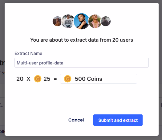 Screenshot: credits for profile data extraction 500 credits