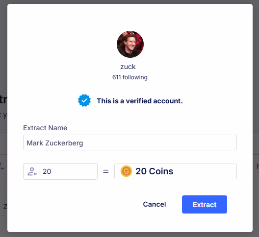 The extraction form for the accounts a verified profile (zuck) follows, set to 20 users