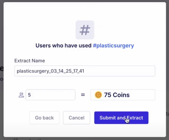 The extraction form for users who posted with #plasticsurgery, set to 5 users