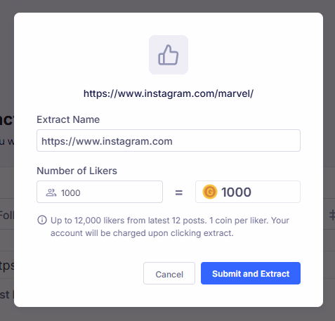 Screenshot: number of credits used for extarcting 1000 likes