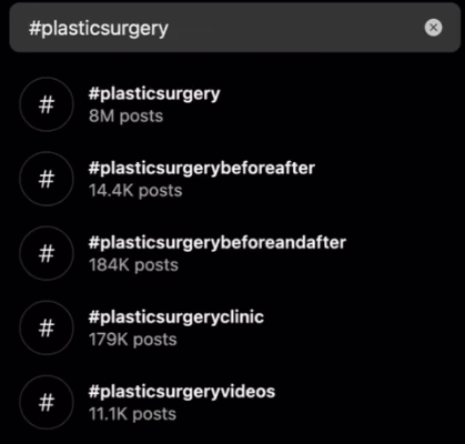 Instagram hashtag search for #plasticsurgery, with related hashtags and their post counts