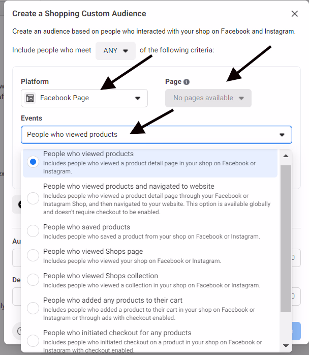 Custom audiences section in Facebook