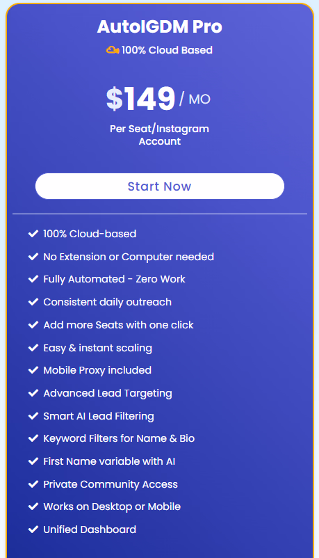 AutoIGDM Pro pricing card: $149 a month per Instagram account, with the included features