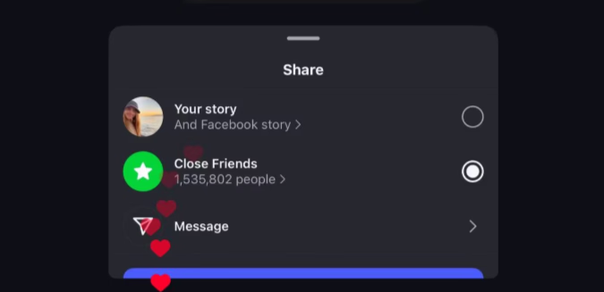 Instagram share sheet with a Close Friends list of 1,535,802 people