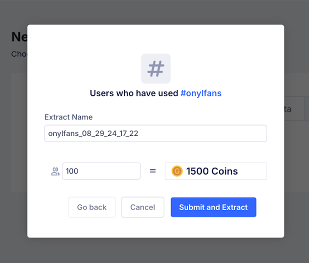 The extraction form for users who posted with #onlyfans, set to 100 users